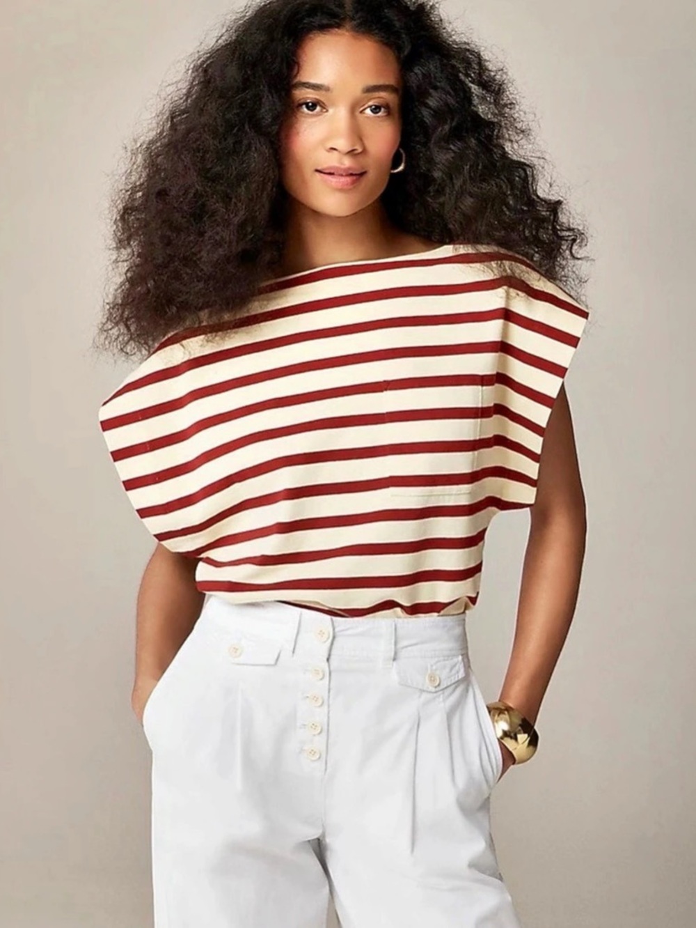 J. Crew Striped Boatneck Short Sleeve Red Ivory Oversized 100% Cotton Sz. M NEW